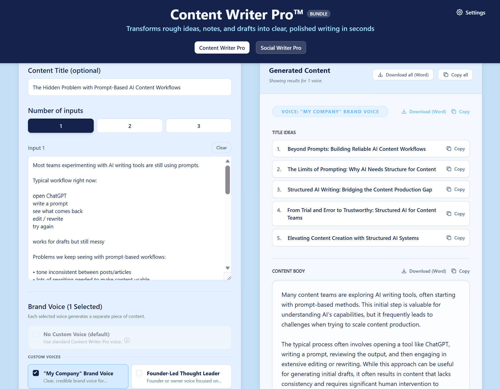 Content Writer Pro - Transforms rough ideas and notes into structured content