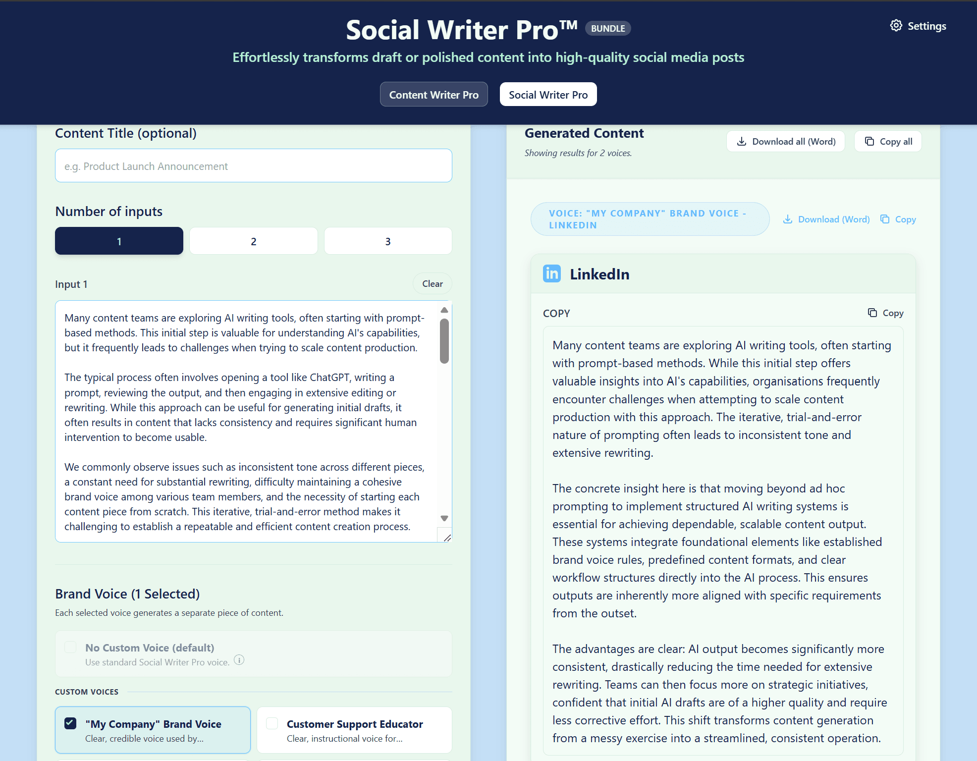 Social Writer Pro - Transforms content into platform-aligned posts